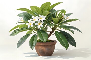 Frangipani Plant in Pot with White Flowers &ndash; Indoor Decorative Tropical Plant.

