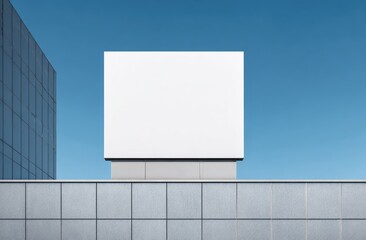 Blank billboard atop a modern building against a clear blue sky