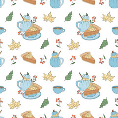 Seamless pattern with pie, mug, tea cup, leaves and berry