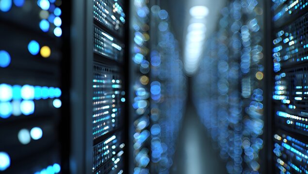 Illuminated server racks in a modern data center with glowing blue and yellow lights creating a futuristic technological atmosphere - Powered by Adobe