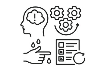 Obsessive compulsive disorder icon set. OCD symptoms metaphor. Intrusive thoughts, repetitive behavior, compulsive hand washing, checking. Mental health, anxiety, obsession vector.