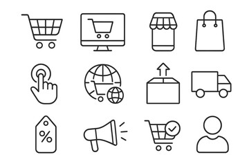 Online shopping & e-commerce line icon set. Vector symbols for digital retail, web store, delivery, sales promotion, and customer experience. Editable stroke for app & web UI.
