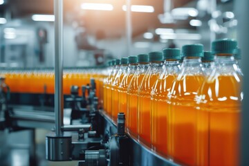 Obraz premium Orange drink bottles with green caps processing on an automated manufacturing conveyor belt in a modern industry plant