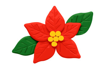 Poinsettia Christmas flower made from clay in a childish style. Isolated plasticine toy. Vector cartoon for holiday decoration, handmade winter celebration graphic element concept.
