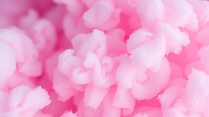 A soft, fluffy texture is shown through an abstract close up of light pink cotton candy that creates a dreamy and sweet atmosphere, like sweet pink clouds.