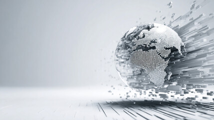 Hyperrealistic abstract data globe floating in clean white space, symbolizing global connectivity, digital networks, and futuristic technology in a minimalist style.
