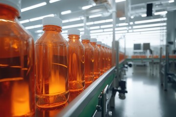 Pharmaceutical production liquid medicine bottles filling line, manufacturing drugs and healthcare products in sterile factory environment