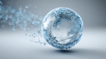 Hyperrealistic abstract data globe floating in clean white space, symbolizing global connectivity, digital networks, and futuristic technology in a minimalist style.
