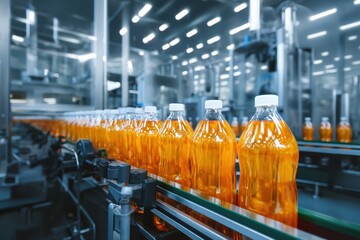 Plastic bottles filled with orange liquid moving on an automated conveyor belt in a modern beverage factory. Mass production