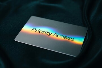 A sleek metallic card with the words priority access illuminated by a vibrant holographic rainbow spectrum against a dark textured background