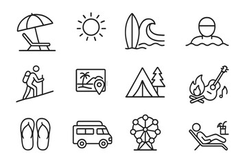 Summer activities icon set with thin line editable stroke, including beach holidays, outdoor adventures, camping, surfing, swimming, hiking, travel, festivals, and vacation icons