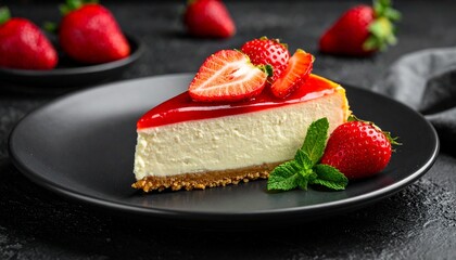 A slice of strawberry cheesecake on a black plate, garnished with fresh berries and mint.