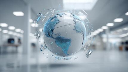 Hyperrealistic abstract data globe floating in clean white space, symbolizing global connectivity, digital networks, and futuristic technology in a minimalist style.
