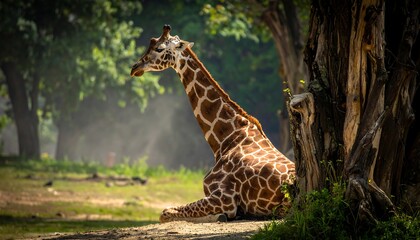 A majestic giraffe rests in the shade of a tree
