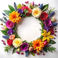 Floral Wreath Composition of Vivid Flowers for Creative Design with Empty Space in the Middle Ideal for Invitations and Greeting Cards