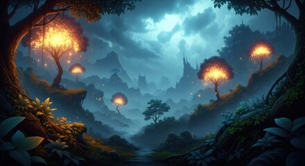 Enchanting Twilight Forest Landscape with Glowing Trees and Misty Mountains in a Dreamlike Fantasy World