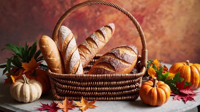 Rustic autumn bread basket surrounded by seasonal harvest decor