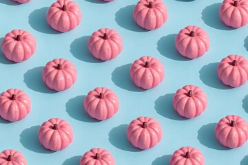 Trendy Pastel Pink Pumpkins Arranged in Repeating Pattern on Light Blue Background Perfect for Modern Fall Decor