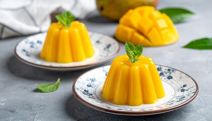Two mango puddings on plates with mango chunks and mint leaves, showcasing a vibrant and refreshing dessert.