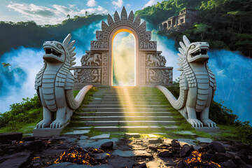 - Dragon-guardian portal arch in jungle, fantasy stone gateway glowing
