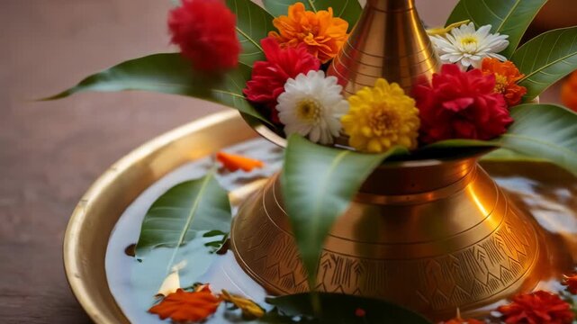 Elegant Brass Kalash Decoration for Pitru Paksha Rituals with Flowers and Mango Leaves for Ancestral Homage
