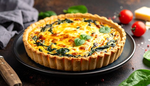 A close-up shot of a delicious spinach and cheese quiche on a plate. - Powered by Adobe