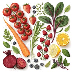 Fresh Fruit and Vegetables Assortment on White Background A Healthy Eating Concept