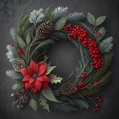 Elegant Christmas Wreath with Poinsettia Pine Cones and Red Berries Festive Holiday Decoration on Dark Background