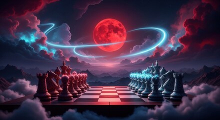 Epic celestial chess battle unfolds beneath a vibrant red moon amidst swirling cosmic clouds and glowing ethereal pathways