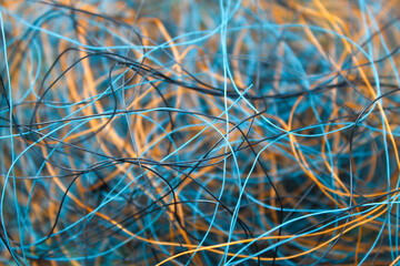 Obraz premium abstract collection of blue and orange cables or fibers that are intertwined and form a random pattern.
