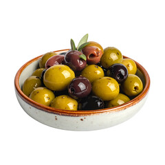 Bowl of colorful mixed olives with a leaf garnish sits against a black background.