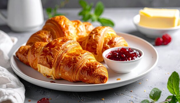 Close-up shot of a plate with croissants, jam, and butter, ready to eat.