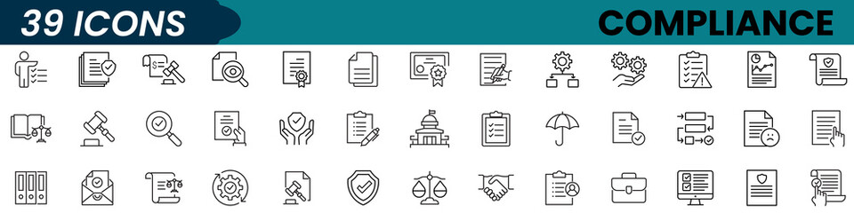 Compliance line icon set. Includes compliance, regulatory, governance, corporate, transparency, regulations. Editable stroke. Vector illustration