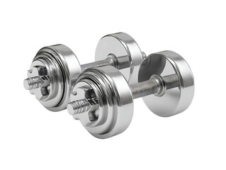 Obraz premium Pair of shiny metal dumbbells isolated on transparent background for fitness
