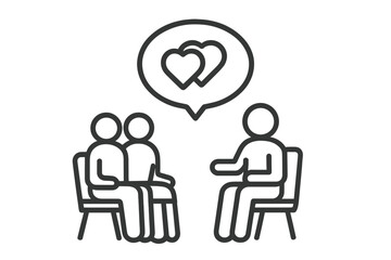 Couple counseling session icon with therapist and two clients talking and relationship love symbol in speech bubble, vector illustration
