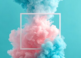 Abstract Pink and Blue Smoke Plumes Inside a Square Frame on Light Teal Background Conceptual Art