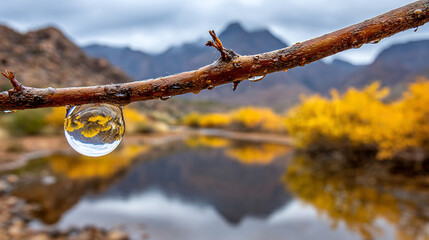 A single droplet captures an inverted mountain reflection, creating a hyperrealistic, delicate scene blending nature, water, and surreal miniature landscapes.