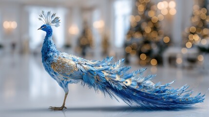 Elegant Blue And Gold Peacock Statue Displayed Indoors With Soft Lighting And Festive Decorations Creating A Luxury Interior Scene
