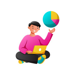 Person sitting cross legged using laptop with colorful pie chart graphic above hand business finance analytics data presentation concept with pink sweater and dark pants