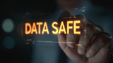 A close-up of a hand touching a transparent screen displaying the text 'DATA SAFE', conveying a sense of security and technology.