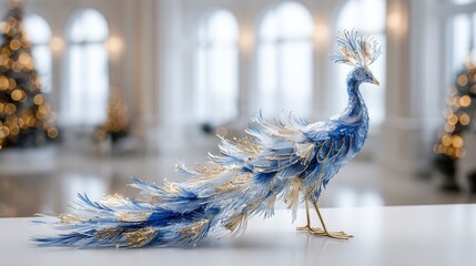 Elegant Blue And Gold Peacock Figurine Displayed Indoors With Soft Light And Festive Decor In Background Creating A Luxury Scene
