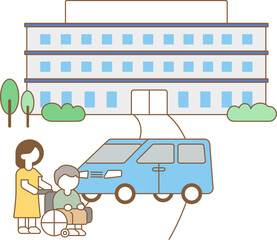 Elderly Care Scene Illustration / 요양병원 간병인과 휠체어 노인 일러스트