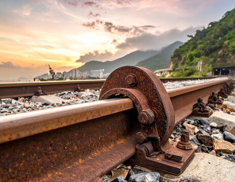Close-up of a rusty railway track at sunset, scenic coastal mountains