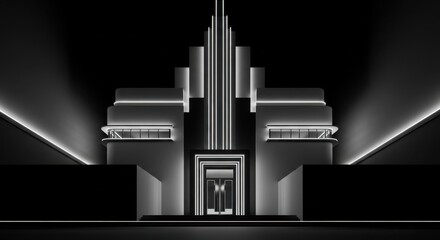 An Extravagant Art Deco Building Illuminated by Soft White Lights Creating a Stark Dramatic Atmosphere Against a Dark Background Showing Symmetry and Geometric Patterns