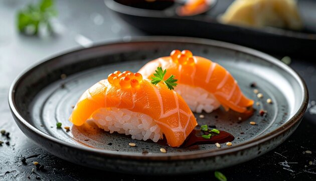 Two pieces of delicious salmon nigiri sushi with ikura roe and fresh parsley garnish on a dark plate with soy sauce. - Powered by Adobe