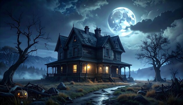Spooky moonlit haunted house with barren trees and pumpkins
