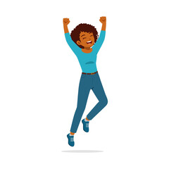 Happy African American Woman Jumping with Joy Celebrating Success and Victory in Vector Art