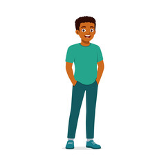 Smiling African American Boy Standing with Hands in Pockets in Teal Shirt and Blue Pants