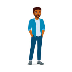 Portrait of a Smiling African American Man Standing with Hands in Pockets Confident