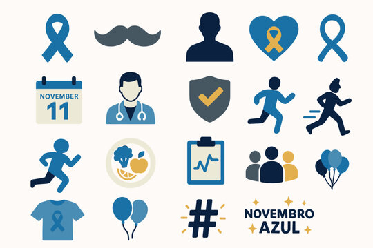 Novembro Azul Blue Ribbon Awareness Health Icons Set